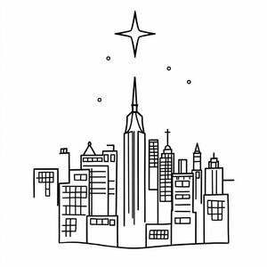 Tranh tô màu đen trắng của Silent Night Skyline – Cảnh quan thành phố đơn giản với một ngôi sao ở trên, đường viền đậm dày, thiết kế đơn giản, không đổ bóng, độ tương phản cao, phong cách hoạt hình, dễ tô màu, nền trắng trơn