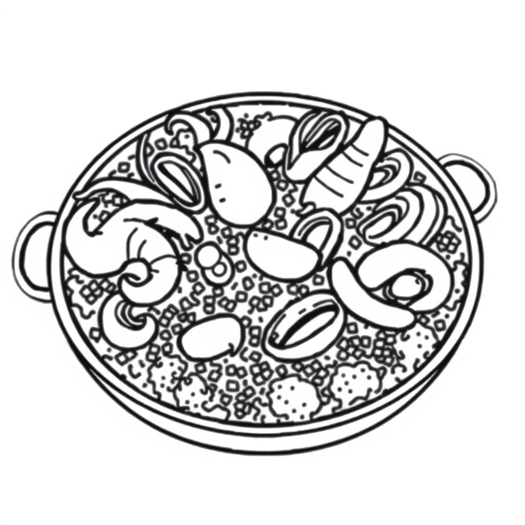 Tranh tô màu đen trắng của Paella với hải sản, đường viền đậm dày, thiết kế đơn giản, không đổ bóng, độ tương phản cao, phong cách hoạt hình, dễ tô màu, nền trắng trơn
