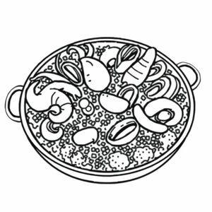 Tranh tô màu đen trắng của Paella với hải sản, đường viền đậm dày, thiết kế đơn giản, không đổ bóng, độ tương phản cao, phong cách hoạt hình, dễ tô màu, nền trắng trơn