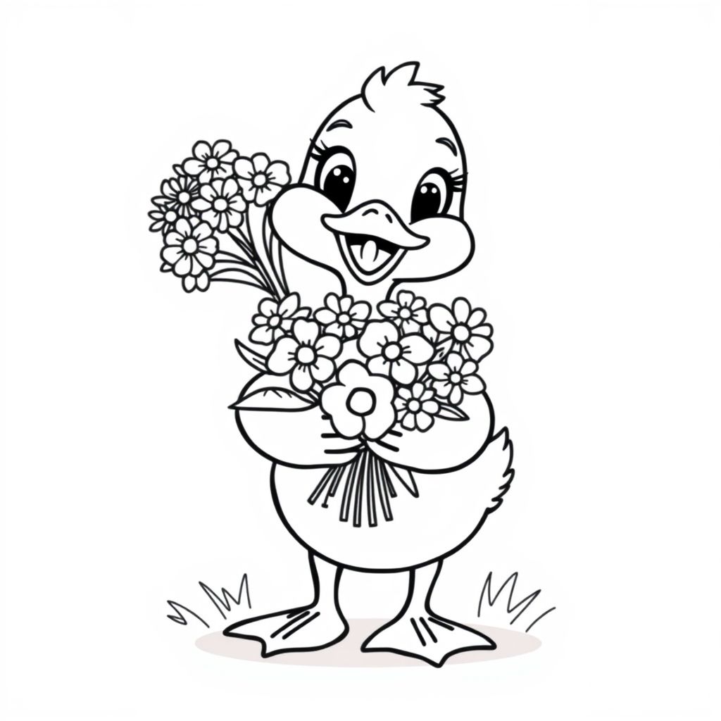 vịt mang theo bó hoa, phong cách hoạt hình dễ thương và hài hước, đường viền dày đậm, nghệ thuật đường nét sách tô màu vector sạch sẽ đơn giản, không đổ bóng, độ tương phản cao, nền trắng