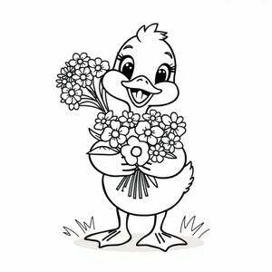 vịt mang theo bó hoa, phong cách hoạt hình dễ thương và hài hước, đường viền dày đậm, nghệ thuật đường nét sách tô màu vector sạch sẽ đơn giản, không đổ bóng, độ tương phản cao, nền trắng