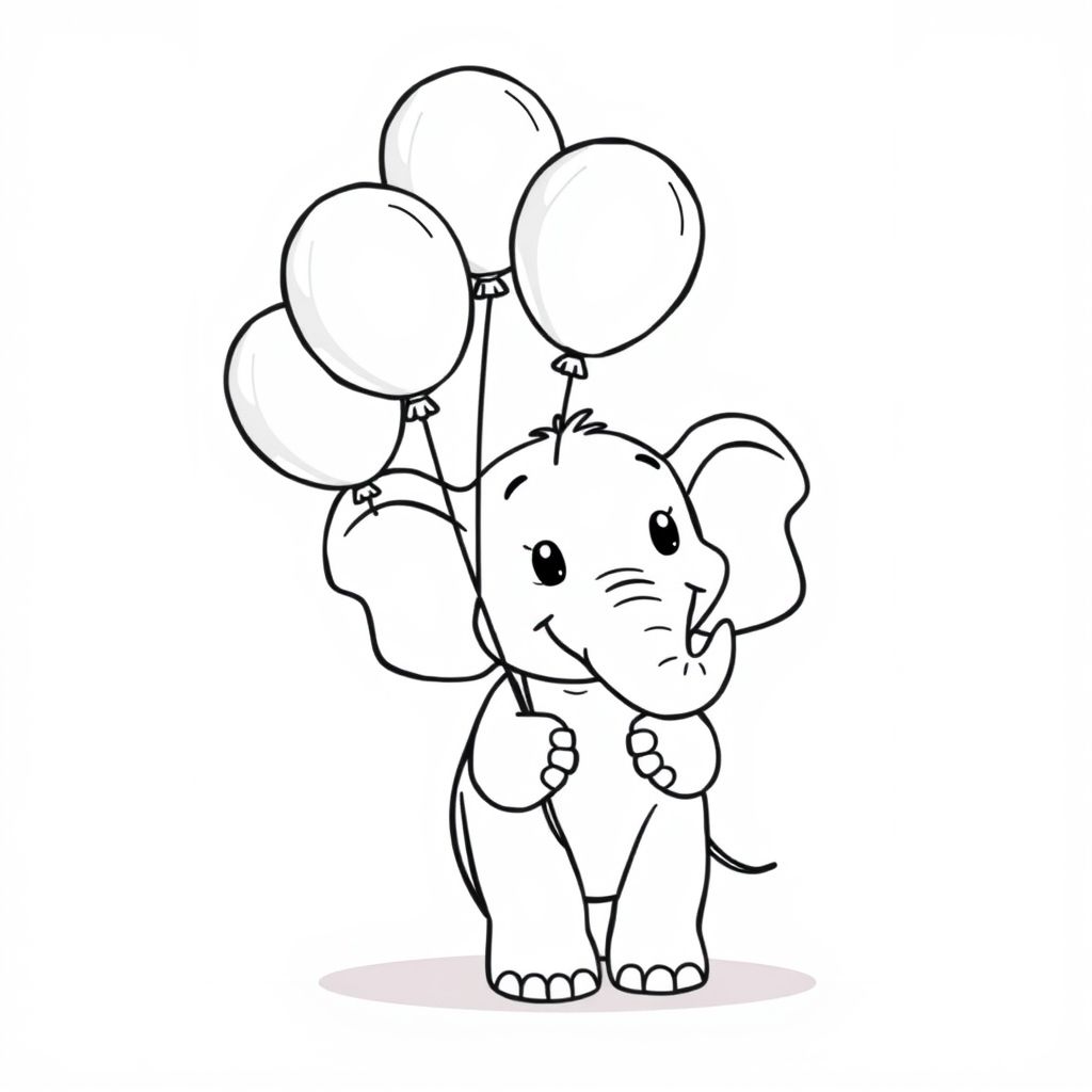 voi cầm một bó bóng bay với thân của nó, phong cách hoạt hình dễ thương và hài hước, đường viền dày đậm, nghệ thuật đường nét sách tô màu vector sạch sẽ đơn giản, không đổ bóng, độ tương phản cao, nền trắng