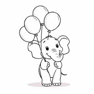 voi cầm một bó bóng bay với thân của nó, phong cách hoạt hình dễ thương và hài hước, đường viền dày đậm, nghệ thuật đường nét sách tô màu vector sạch sẽ đơn giản, không đổ bóng, độ tương phản cao, nền trắng