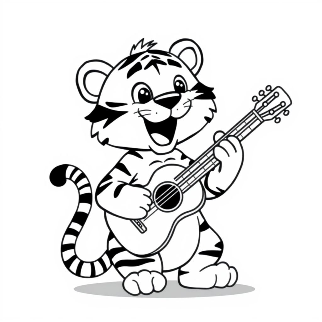 iger chơi guitar, phong cách hoạt hình dễ thương và hài hước, đường viền dày đậm, nghệ thuật đường nét sách tô màu vector sạch sẽ đơn giản, không đổ bóng, độ tương phản cao, nền trắng

