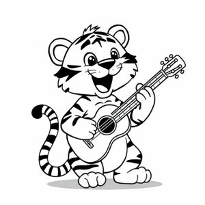 iger chơi guitar, phong cách hoạt hình dễ thương và hài hước, đường viền dày đậm, nghệ thuật đường nét sách tô màu vector sạch sẽ đơn giản, không đổ bóng, độ tương phản cao, nền trắng
