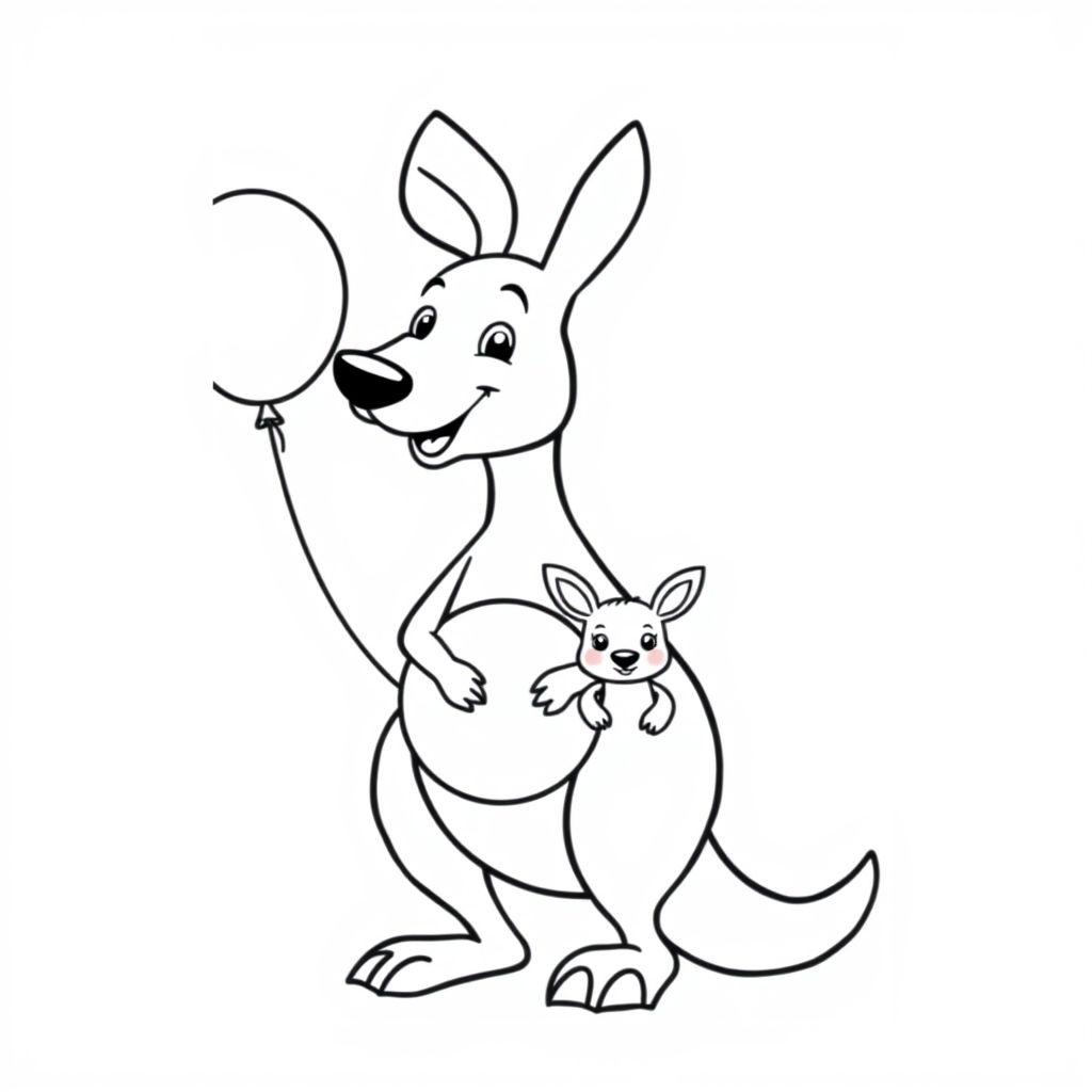 Kangaroo với một joey cầm một quả bóng bay, phong cách hoạt hình dễ thương và hài hước, đường viền dày đậm, nghệ thuật đường nét sách tô màu vector sạch sẽ đơn giản, không đổ bóng, độ tương phản cao, nền trắng