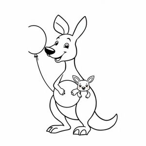 Kangaroo với một joey cầm một quả bóng bay, phong cách hoạt hình dễ thương và hài hước, đường viền dày đậm, nghệ thuật đường nét sách tô màu vector sạch sẽ đơn giản, không đổ bóng, độ tương phản cao, nền trắng