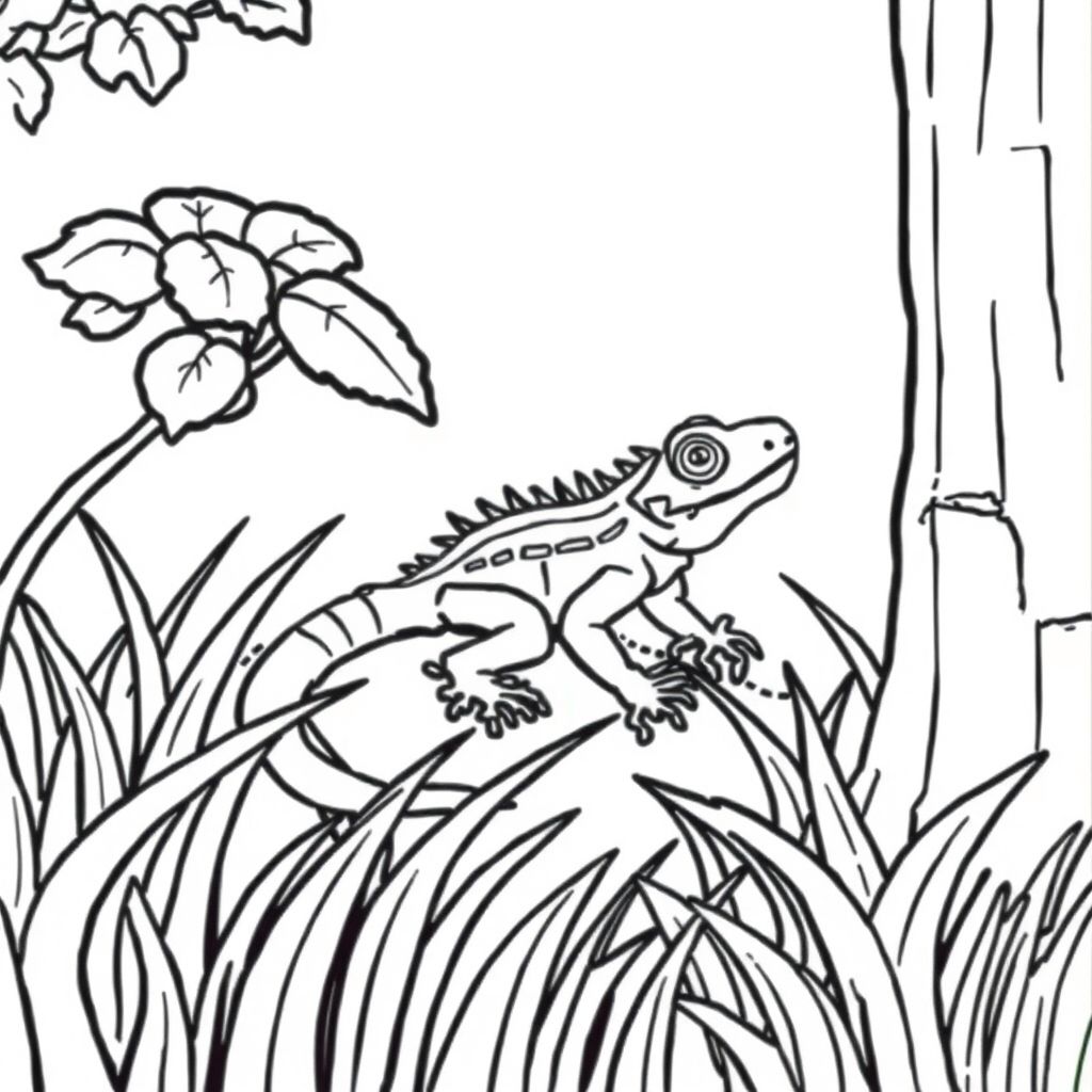 cute lizard crawling through the grass to get a tree