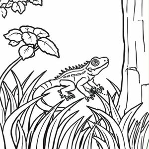 cute lizard crawling through the grass to get a tree