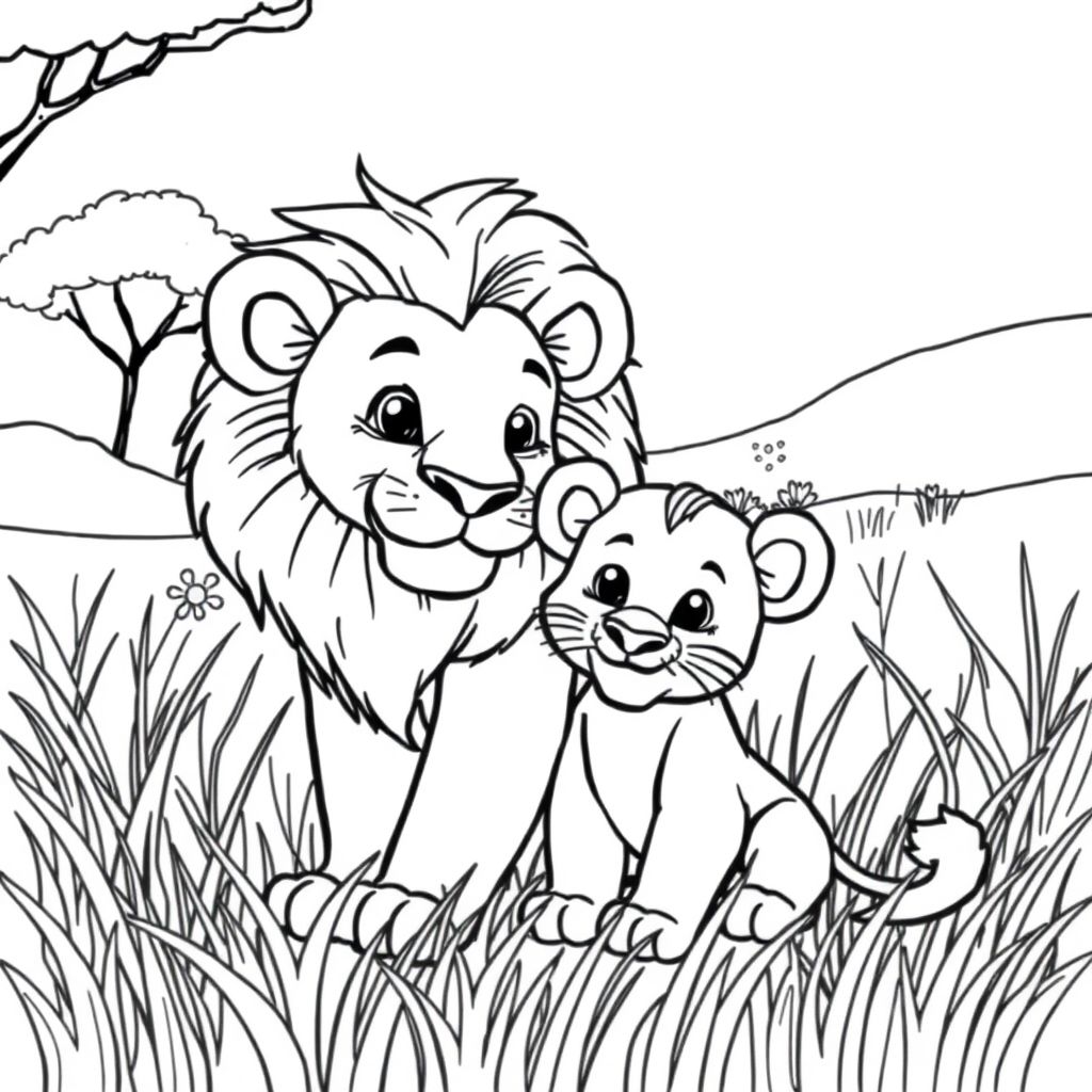 cute baby lion with mom lion in the grasslands
