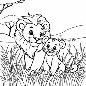 cute baby lion with mom lion in the grasslands
