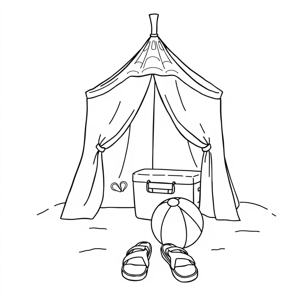 Create a black-and-white outline illustration in a perfect square 1:1 ratio for a “Cozy Girl Summer Vibes” coloring book. A small beach tent with a patterned fabric, set on the sand. Add a cooler box, a beach ball, and a pair of flip-flops in front. Bold, smooth outlines, clean white interiors, background empty.