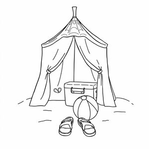 Create a black-and-white outline illustration in a perfect square 1:1 ratio for a “Cozy Girl Summer Vibes” coloring book. A small beach tent with a patterned fabric, set on the sand. Add a cooler box, a beach ball, and a pair of flip-flops in front. Bold, smooth outlines, clean white interiors, background empty.
