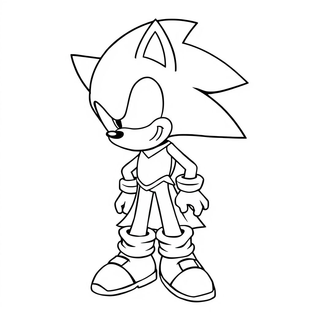 "Create a line art drawing of sonic in a metal dress from sonic cartoon. The image should be black and white with no color, allowing children to color it in. The character should be drawn with bold, clear outlines and minimal shading. The design should be simple and easy to color, with distinct features such as [specific traits, e.g., large ears, a cape, a hat, or a wand]. The background should be basic, such as a plain sky or simple objects, so the focus remains on the character."

