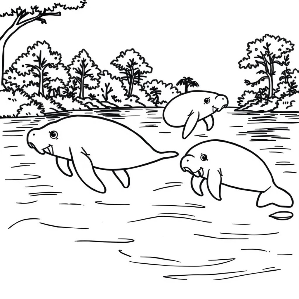 manatees swimming in a river with trees in background
