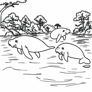 manatees swimming in a river with trees in background
