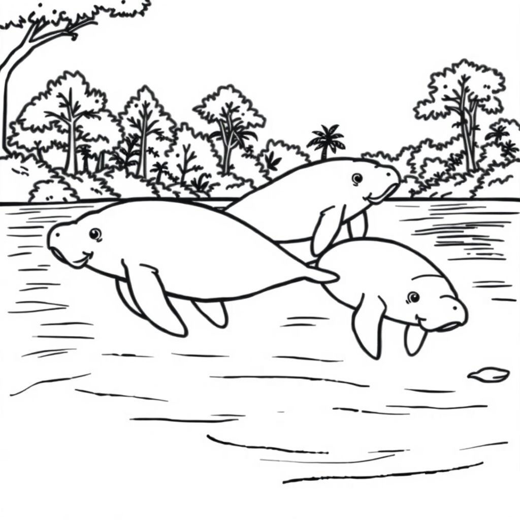 manatees swimming in a river and trees in the background (don't cut off body )