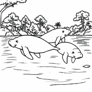 manatees swimming in a river and trees in the background (don't cut off body )