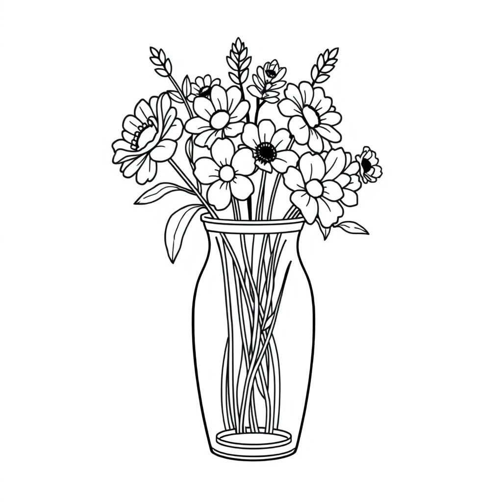 Create a black-and-white outline illustration in a perfect square 1:1 ratio of a glass vase with wildflowers. Use bold, smooth, and even black outlines with clean white interiors. No colors, no shading, no grayscale, no solid black areas. Keep the object(s) centered, large, and easy to color, with simple shapes and minimal details. Show only 1–3 main objects with no background or extra decorations. Make sure the style matches a children’s coloring book — clear, friendly, and minimal.