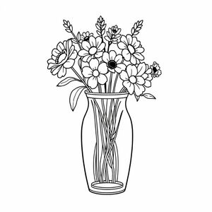 Create a black-and-white outline illustration in a perfect square 1:1 ratio of a glass vase with wildflowers. Use bold, smooth, and even black outlines with clean white interiors. No colors, no shading, no grayscale, no solid black areas. Keep the object(s) centered, large, and easy to color, with simple shapes and minimal details. Show only 1–3 main objects with no background or extra decorations. Make sure the style matches a children’s coloring book — clear, friendly, and minimal.