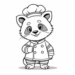 Create a black-and-white outline illustration in a perfect square 1:1 ratio for a children’s coloring book. Draw one large, cute cartoon-style Red panda character dressed as a Chef, including recognizable uniform elements and accessories for that profession. All markings and patterns on the animal (such as stripes or spots) must be drawn as hollow outlines with no solid black fill. The character should have a friendly and simple expression, be centered and large in the frame, with a clear pose that reflects the profession. Use bold, smooth, and even black outlines with clean white interiors, no shading, no grayscale, and no solid black fills anywhere. Keep the background plain white with no extra decorations. The composition should be simple, clear, and easy to color, suitable for children’s coloring books.