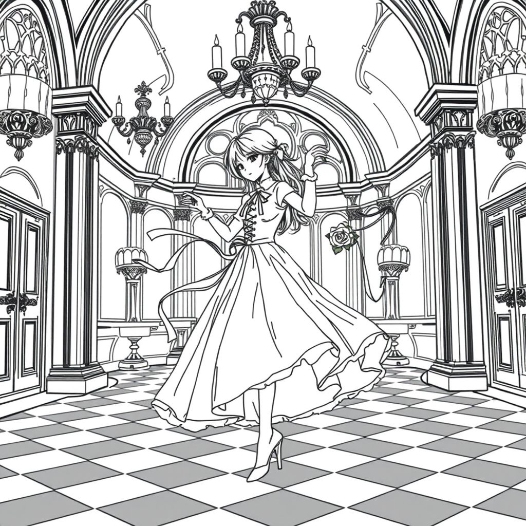 A detailed Gothic Lolita fashion coloring page, thin clean outlines, elegant young girl in a Victorian-inspired gothic lolita dress, dancing in a grand gothic ballroom, chandeliers above, checkered marble floor, ornate arches, roses and ribbons flowing with her movement, fine delicate line art, black and white, no shading, suitable for adult coloring books.