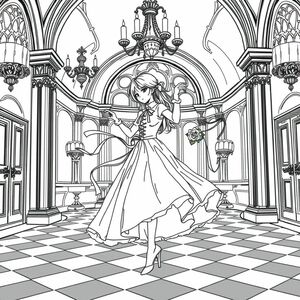 A detailed Gothic Lolita fashion coloring page, thin clean outlines, elegant young girl in a Victorian-inspired gothic lolita dress, dancing in a grand gothic ballroom, chandeliers above, checkered marble floor, ornate arches, roses and ribbons flowing with her movement, fine delicate line art, black and white, no shading, suitable for adult coloring books.