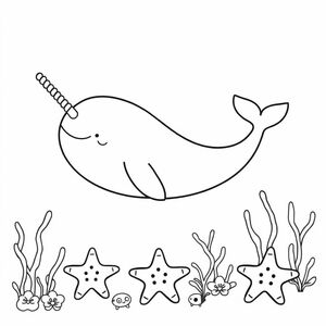 cute narwhal swimming near the beach with star fish