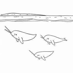 cute narwhals swimming with beach in the background