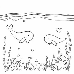 cute narwhals swimming under water with star fish and seaweed
