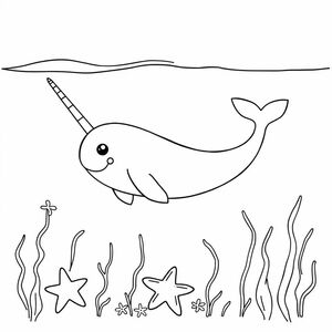 cute narwhals (only one horn) swimming under water with star fish and seaweed
