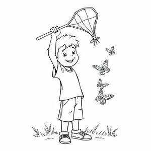 little boy catching butterflies in a net