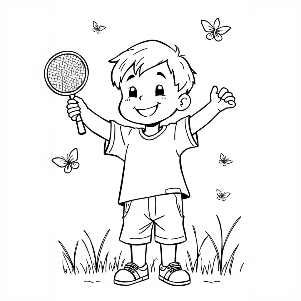 little boy catching butterflies in a net show both arms holding the net