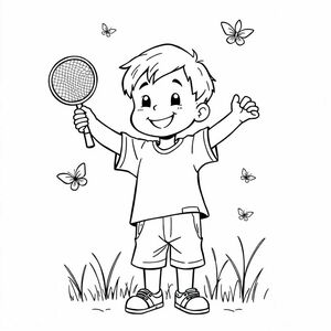 little boy catching butterflies in a net show both arms holding the net