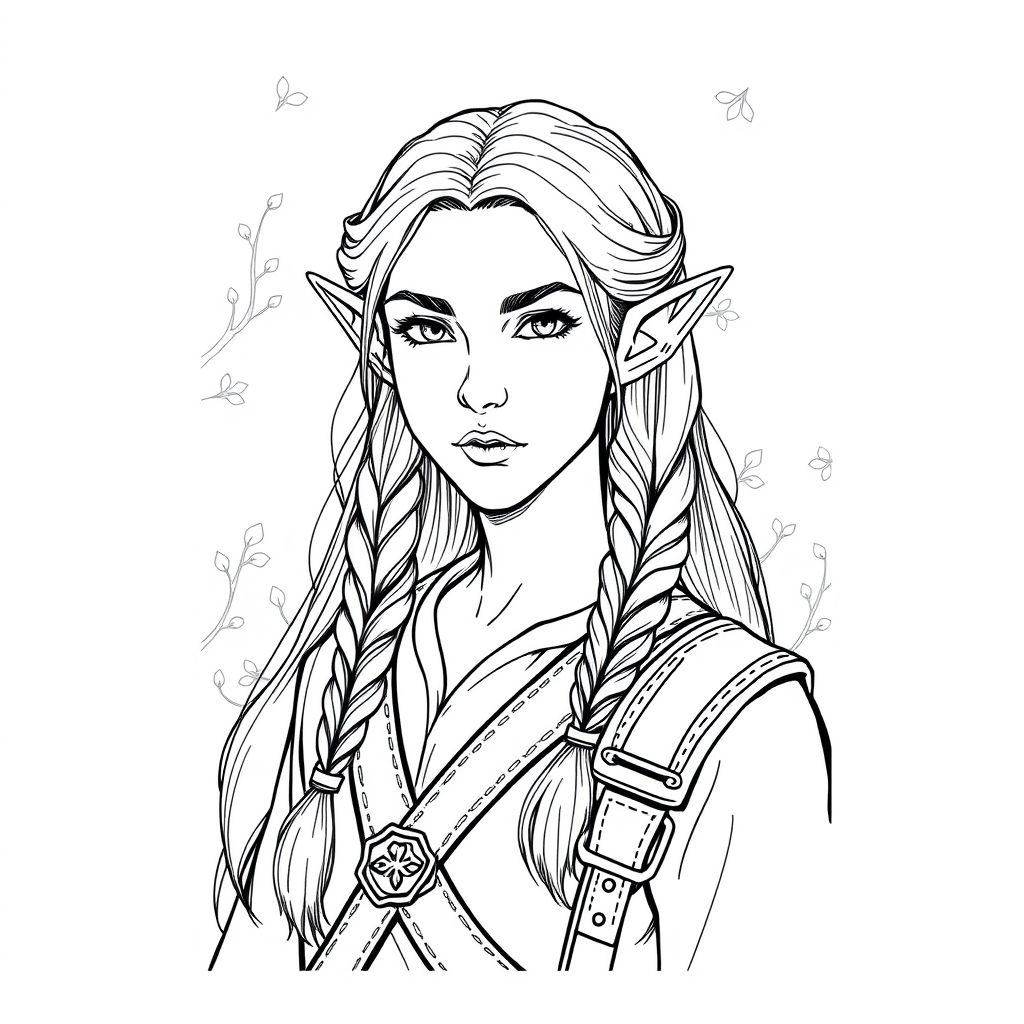 Elven portrait sketch, grayscale pencil art, long flowing hair with braids, pointed ears, leather straps with detailed stitching, faint forest motif background, intricate textures, styled as a high fantasy illustration.