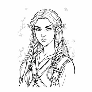 Elven portrait sketch, grayscale pencil art, long flowing hair with braids, pointed ears, leather straps with detailed stitching, faint forest motif background, intricate textures, styled as a high fantasy illustration.