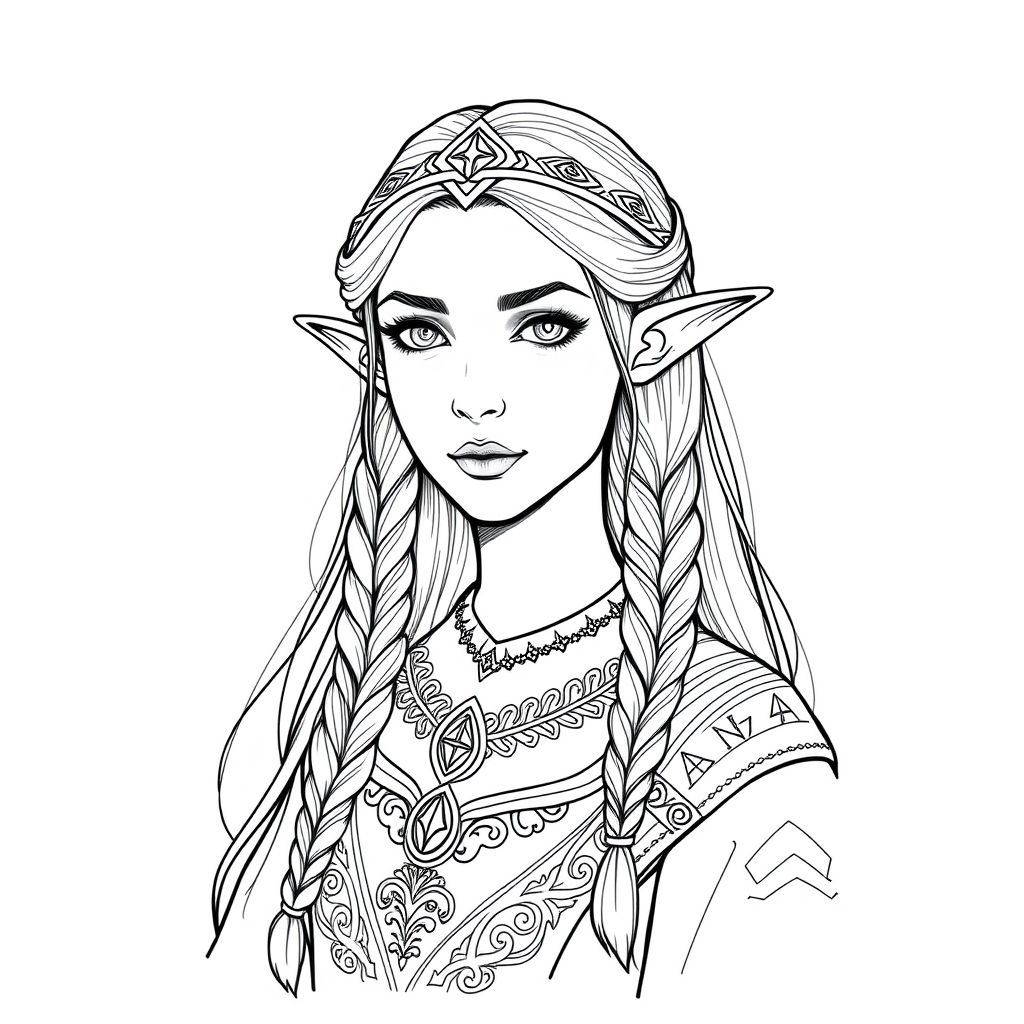 Elven female portrait sketch, grayscale pencil style, regal features, long hair flowing with braids and gemstones, pointed ears, crown-like circlet with runic engravings, embroidered gown with detailed collar, faint throne room background, intricate fantasy textures.