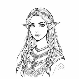 Elven female portrait sketch, grayscale pencil style, regal features, long hair flowing with braids and gemstones, pointed ears, crown-like circlet with runic engravings, embroidered gown with detailed collar, faint throne room background, intricate fantasy textures.