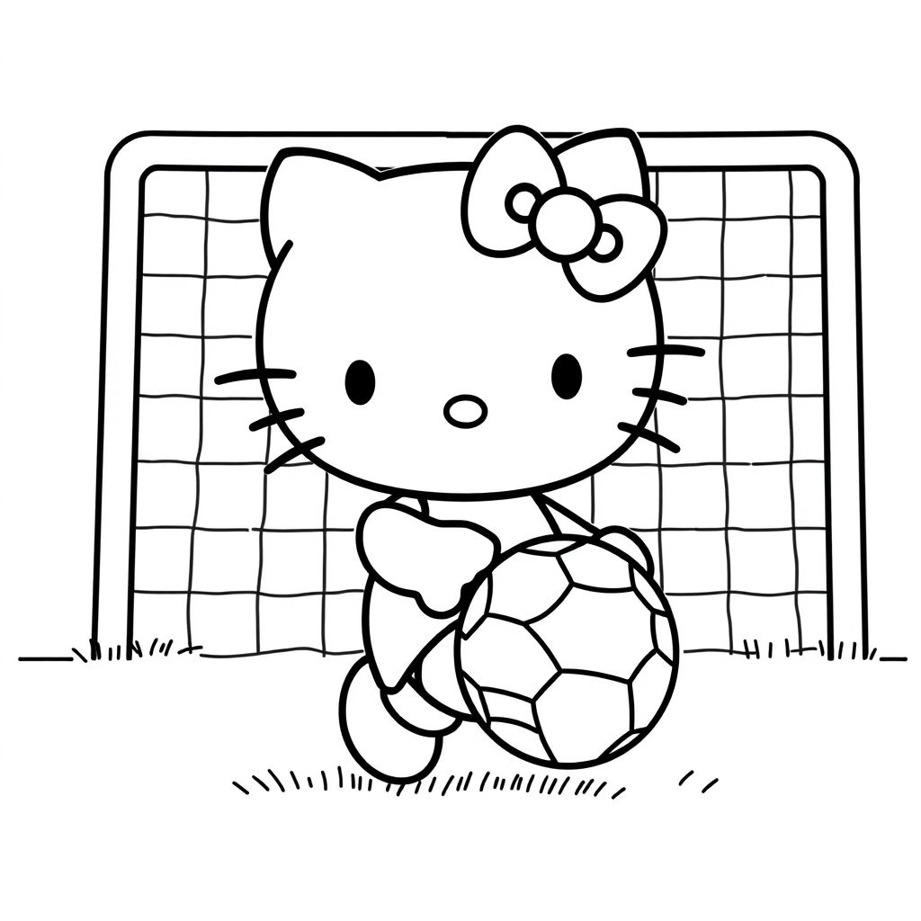 Create a line art drawing of Hello Kitty playing soccer with a simple ball pattern and a goal net behind her. The image should be black and white with no color. The character should be drawn with bold, clear outlines and minimal shading. The background should be plain except for the net. The image should be high-resolution, 8.5 × 11 inches (Letter size) suitable for printing.
