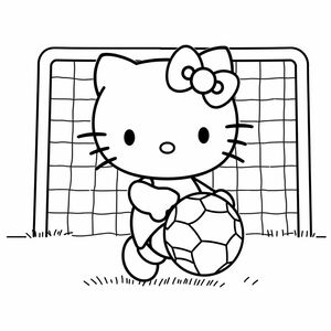 Create a line art drawing of Hello Kitty playing soccer with a simple ball pattern and a goal net behind her. The image should be black and white with no color. The character should be drawn with bold, clear outlines and minimal shading. The background should be plain except for the net. The image should be high-resolution, 8.5 × 11 inches (Letter size) suitable for printing.
