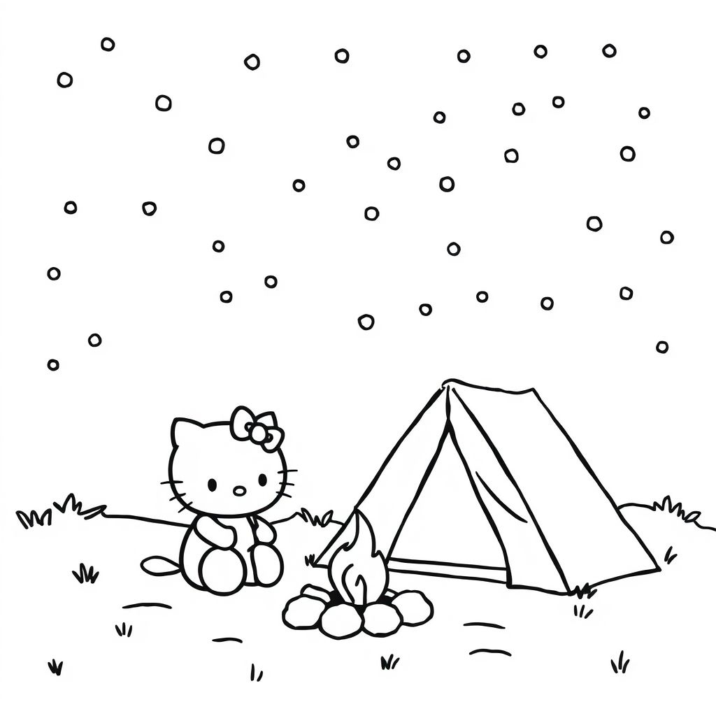 Create a line art drawing of Hello Kitty camping under the stars with a tent and campfire. The image should be black and white with no color. Hello Kitty should be drawn with bold, clear outlines and minimal shading. The background should include a starry sky with simple dots for stars. The image should be high-resolution, 8.5 × 11 inches (Letter size) suitable for printing.
