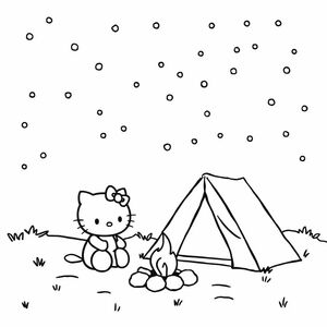 Create a line art drawing of Hello Kitty camping under the stars with a tent and campfire. The image should be black and white with no color. Hello Kitty should be drawn with bold, clear outlines and minimal shading. The background should include a starry sky with simple dots for stars. The image should be high-resolution, 8.5 × 11 inches (Letter size) suitable for printing.
