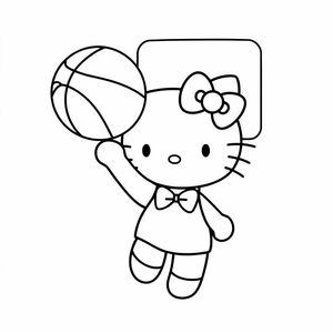 Create a line art drawing of Hello Kitty throwing a basketball toward a hoop. The hoop and ball should have easy lines for coloring. The image should be black and white with no color. Hello Kitty should be drawn with bold outlines and minimal shading. The background should be plain with just the hoop structure. The image should be high-resolution, 8.5 × 11 inches (Letter size) suitable for printing.
