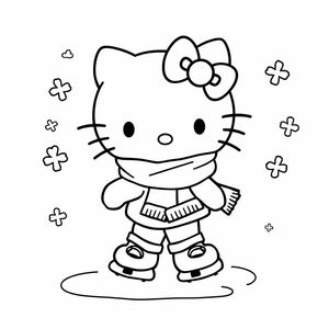 Create a line art drawing of Hello Kitty ice skating with a scarf and skates. The ice should have gentle curved lines to show motion. The image should be black and white with no color. The character should have bold outlines and minimal shading. The background should include simple snowflakes. The image should be high-resolution, 8.5 × 11 inches (Letter size) suitable for printing.

