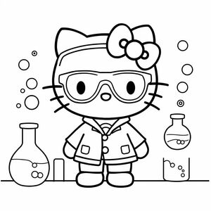 Create a line art drawing of Hello Kitty as a scientist wearing lab goggles, with beakers and bubbles around her. The image should be black and white with no color. The character should have bold outlines and minimal shading. The background should have a simple lab table. The image should be high-resolution, 8.5 × 11 inches (Letter size) suitable for printing.
