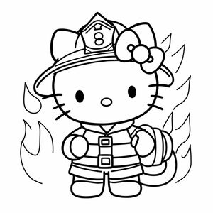 Create a line art drawing of Hello Kitty as a firefighter, wearing a helmet and holding a hose with a fire badge nearby. The shapes should be bold and simple. The image should be black and white with no color. Hello Kitty should be drawn with bold outlines and minimal shading. The background should include plain flames or water spray. The image should be high-resolution, 8.5 × 11 inches (Letter size) suitable for printing.
