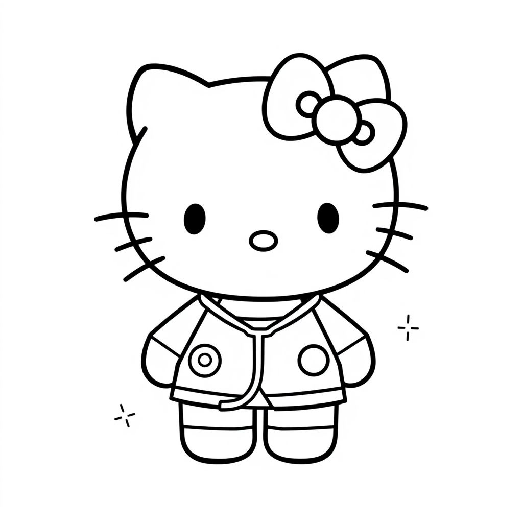 Create a line art drawing of Hello Kitty as a doctor with a stethoscope around her neck and a friendly smile. The image should be black and white with no color. The design should have bold outlines and minimal shading. The background should be plain with a small cross symbol. The image should be high-resolution, 8.5 × 11 inches (Letter size) suitable for printing.
