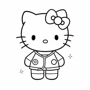 Create a line art drawing of Hello Kitty as a doctor with a stethoscope around her neck and a friendly smile. The image should be black and white with no color. The design should have bold outlines and minimal shading. The background should be plain with a small cross symbol. The image should be high-resolution, 8.5 × 11 inches (Letter size) suitable for printing.
