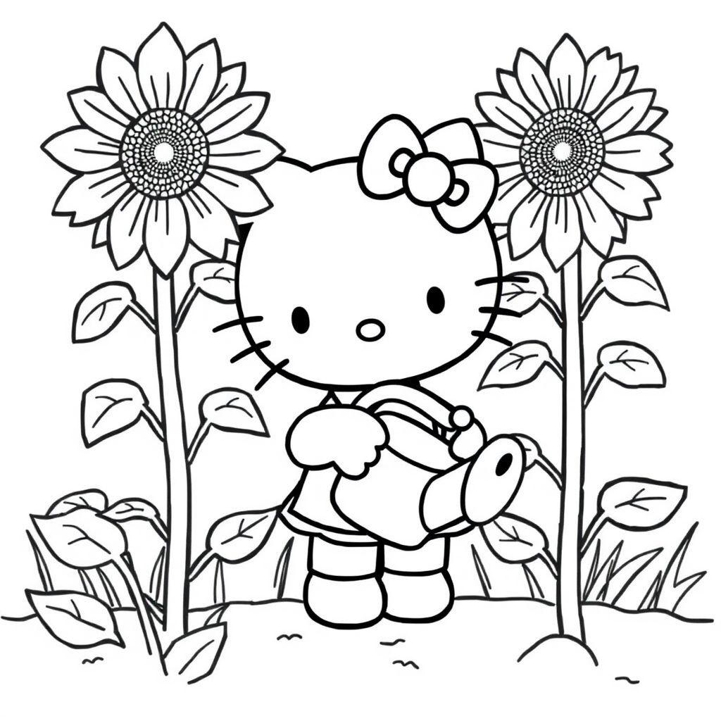 Create a line art drawing of Hello Kitty gardening with tall sunflowers and a watering can. The flowers should have large petals for easy coloring. The image should be black and white with no color. Hello Kitty should have bold outlines and minimal shading. The background should include simple soil lines or grass. The image should be high-resolution, 8.5 × 11 inches (Letter size) suitable for printing.
