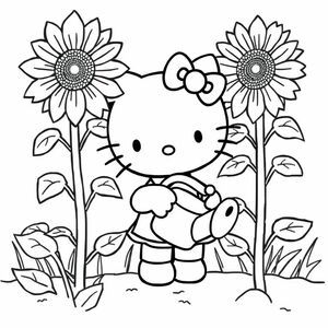 Create a line art drawing of Hello Kitty gardening with tall sunflowers and a watering can. The flowers should have large petals for easy coloring. The image should be black and white with no color. Hello Kitty should have bold outlines and minimal shading. The background should include simple soil lines or grass. The image should be high-resolution, 8.5 × 11 inches (Letter size) suitable for printing.
